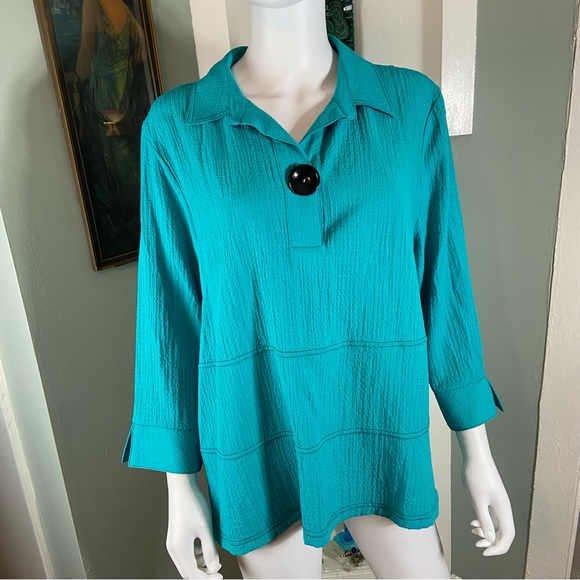 Ali Miles Popover Collared Button Turquoise Top Shirt Blouse Tunic Medium M - Picture 2 of 10